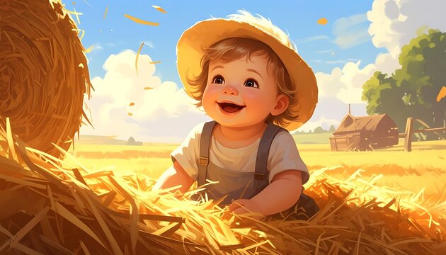 Happy baby in hayfield