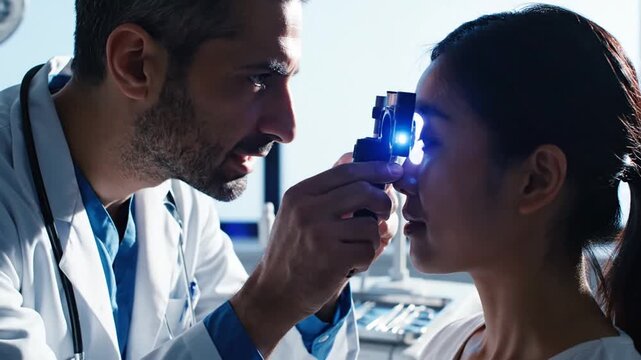 Medical Examination: Ophthalmologist Examining Patient's Eyes With Diagnostic Equipment Indoors