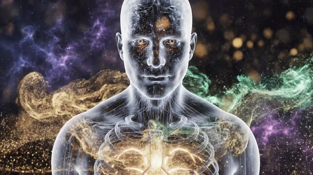 Human silhouette glows with intricate data networks and flowing energy patterns across a dark background.