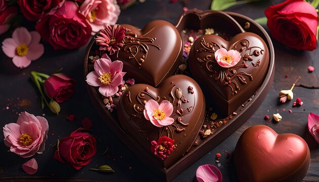 Chocolate hearts with flowers on table.
