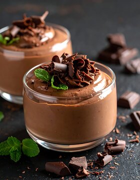 Chocolate mousse dessert with mint leaves.