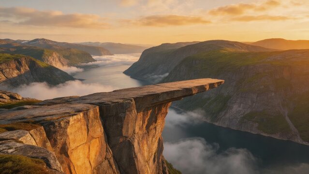 Aerial View of Trolltunga Rock Formation Jutting Out Over a Misty Norwegian Fjord at Sunrise
