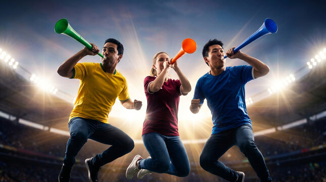 Energetic trio jumping in a vibrant stadium, each playing a colorful vuvuzela horn, under bright stadium lights and dynamic atmosphere