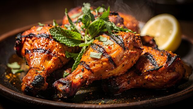 Extreme closeup of tandoori chicken with smoky grilled texture