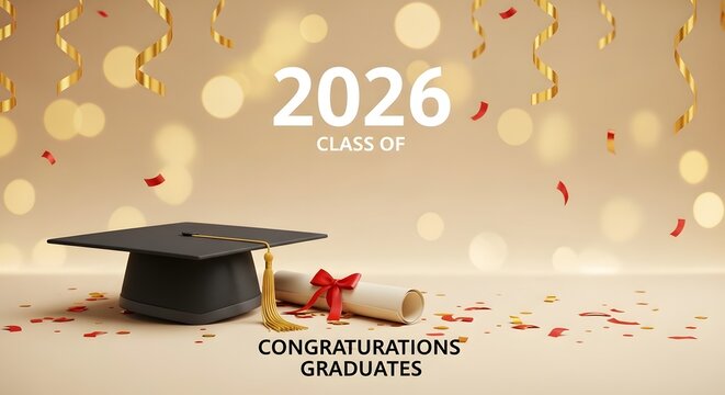 Congratulations Graduates Class of 2026 Black Mortarboard Cap with Diploma Scroll Red Bow Confetti and Gold Streamers on Beige Bokeh Background
