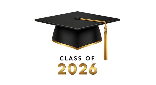 Class of 2026 Realistic Black Mortarboard Graduation Cap with Gold Trim and Tassel on White Background