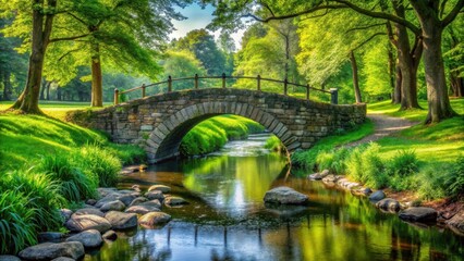 Naklejka premium Stone bridge crossing tranquil stream in lush green park