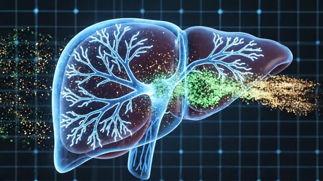 Liver anatomy is displayed through a detailed digital medical illustration highlighting biological structures.