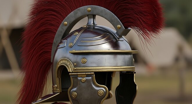 Roman centurion helmet with a red plume in an outdoor setting