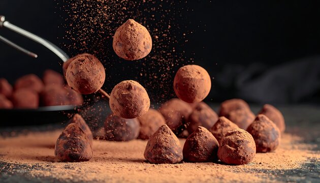 Chocolate truffles falling on cocoa powder.