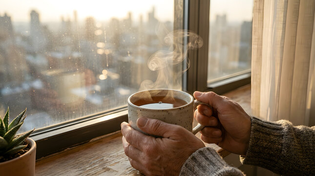 Close-up of hands holding a warm steaming mug of tea or coffee by a window overlooking a high-rise city skyline at sunset with steaming relaxing beverage