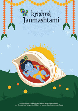 Krishna Janmashtami Poster with Baby Krishna in Conch Shell - Hindu Festival Vector Illustration