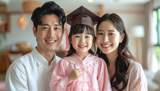 Happy Asian Family Celebrating Childs Graduation with Cap and Gown.