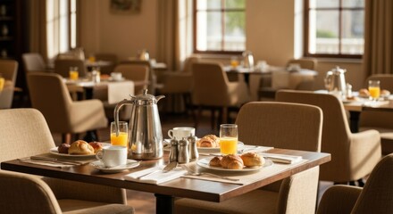 Fototapeta premium Sunny cafe scene of breakfast tables set for service, empty
