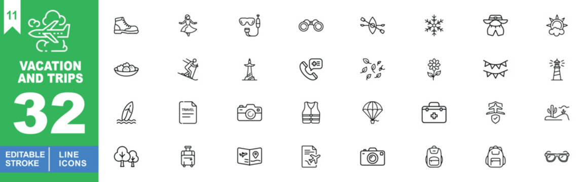 Vacation And Trips Line Icon Set. Boot, Dancer, Snorkel, Binoculars, Kayak, Snowflake, Hat, Sun, Food, Ski, Monument, Phone, Leaves, Flower, Flags, Lighthouse, Surfboard, Camera, Vest, Parachute.