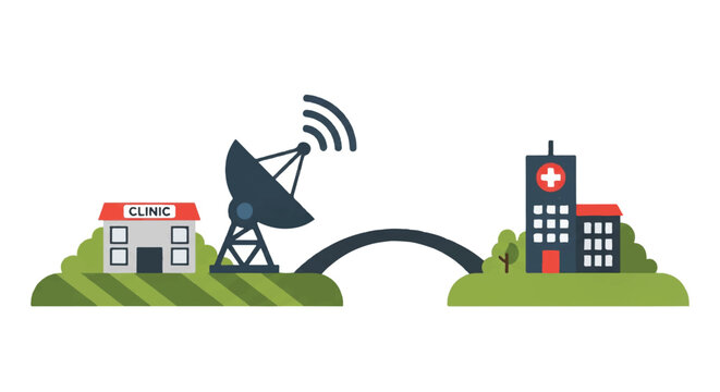 A small clinic building in a rural landscape with a large satellite dish transmitting a signal to a city hospital icon, bridging the gap concept, minimalist flat vector artwork, clipart style,