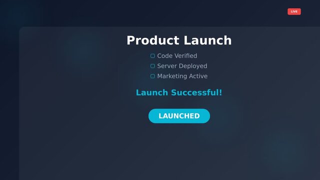 Product launch dashboard interface with checklist and countdown timer animation. Minimalist UI motion graphics with navy and cyan color palette. Clean software release concept 