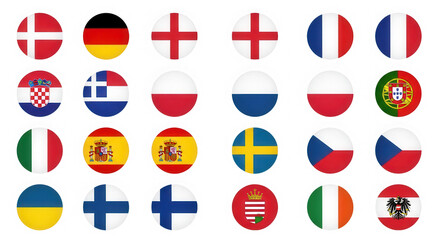 Set of round pixel art country flags of european nations isolated on transparent background