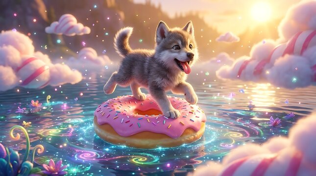 Cute wolf puppy on pink frosted donut floating on sparkling water with candy clouds animal adorable
