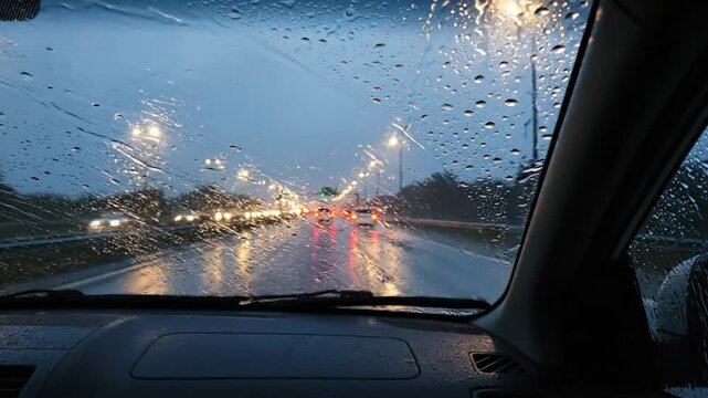 Driving in a Rainy Night: Wet Windshield with Wiper and Traffic Headlights Visible Through the Car Window