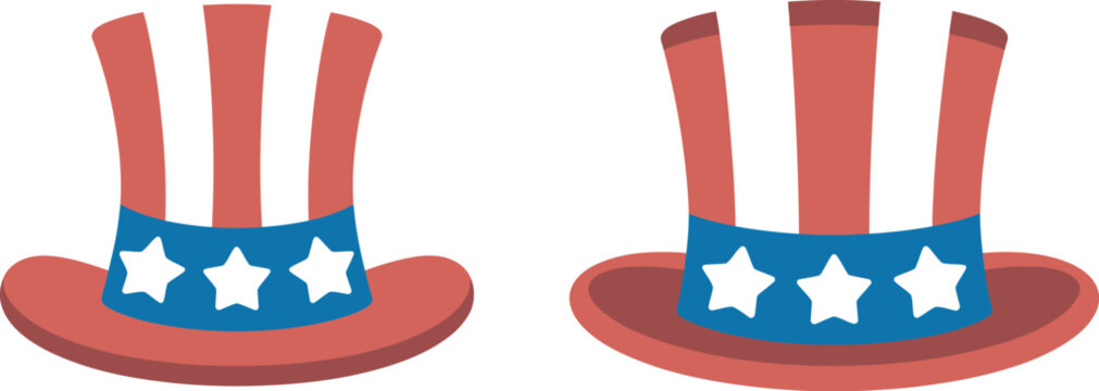 Patriotic, Uncle Sam hats icon set for Fourth of July featuring American themed top hats and festive symbols in clean vector illustration style ideal for Independence Day celebrations 