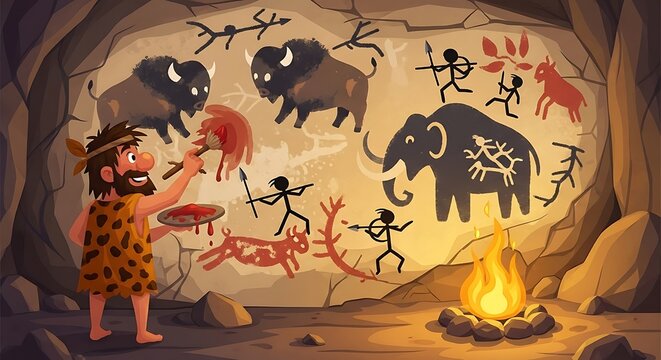 Creative caveman painting prehistoric animals on a stone wall