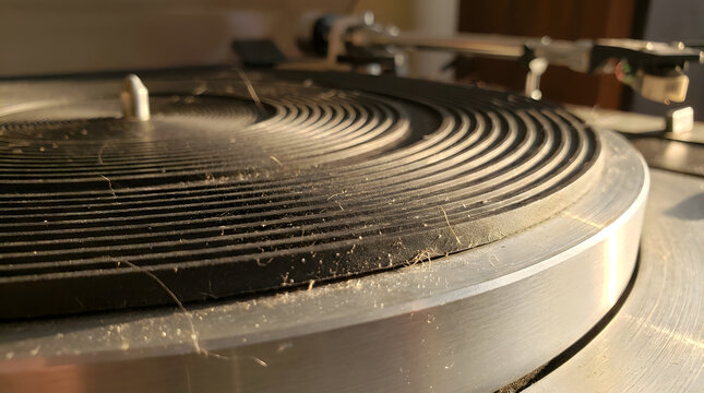 Dusty vinyl record player turntable close-up