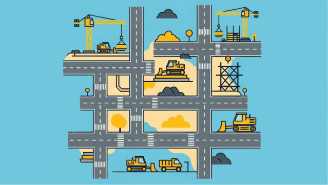 Flat Illustration of City Construction Site Grid. Urban Development, Road Infrastructure Planning, Heavy Machinery, and Building Process Vector Map.