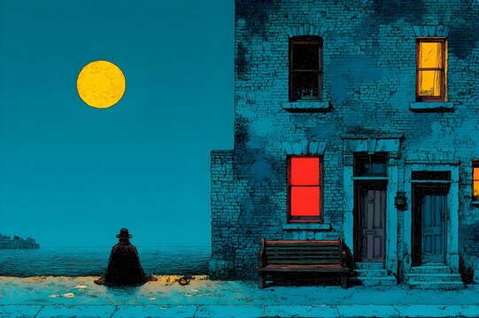 A lonely woman in a cloak and hat sits on a bench with her back to the viewer, looking out over the dark sea, under a yellow full moon in a dark turquoise sky