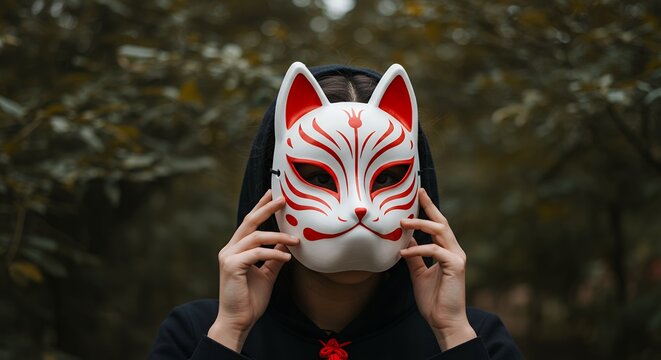 両手で狐のお面を顔に当てる人物