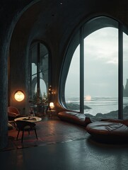 Fototapeta premium Modern interior featuring large, uniquely shaped windows overlooking the ocean. Low lighting enhances the ambiance
