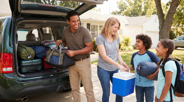 Happy family packing luggage into a car for a fun road trip, surrounded by trees in a sunny suburban neighborhood, with parents smiling and children excitedly holding
