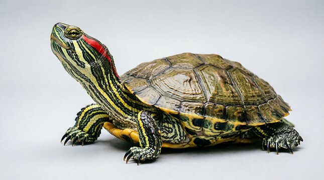Red eared slider turtle showcasing its colorful patterned shell and distinctive red markings on its head