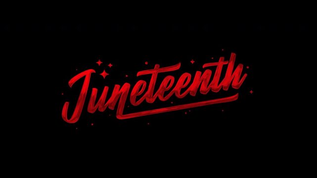 Red Juneteenth animated text on transparent background with sparkles is ideal for celebratory designs, event promotions, social media graphics, and posters.