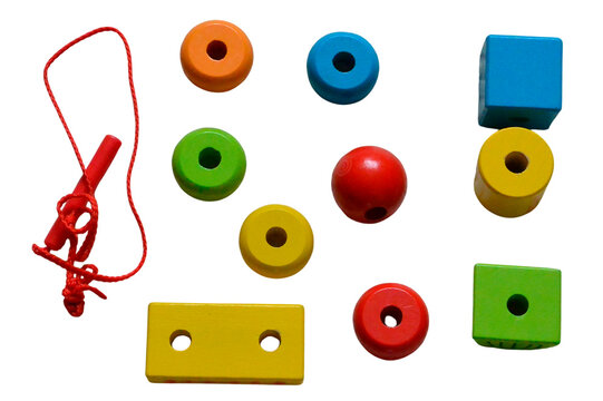 Educational wooden lacing beads set with red string for kids on a transparent background