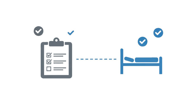 A minimalist flat vector illustration of a digital clipboard icon connected to a hospital bed icon by a thin dashed line, surrounded by floating checkmarks. Colors are slate grey, medical blue,
