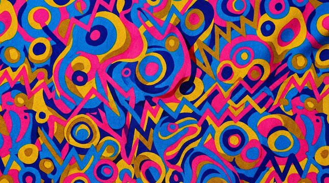 Bold vibrant tribal abstract pattern with colorful geometric shapes circles and energetic lines in pink blue yellow
