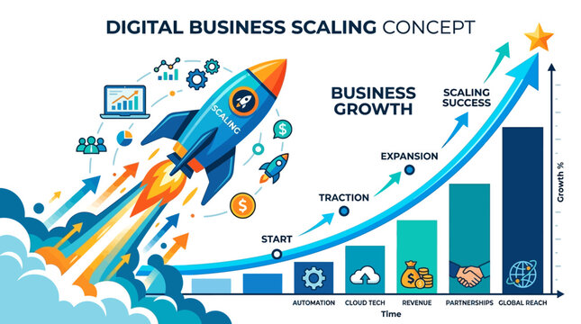 A digital business scaling concept with a rocket launching upwards on a graph showing exponential growth in a futuristic environment with various icons.