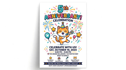 Naklejka premium Colorful 5th Anniversary Celebration Flyer Template with Cute Cartoon Cat and Party Hat