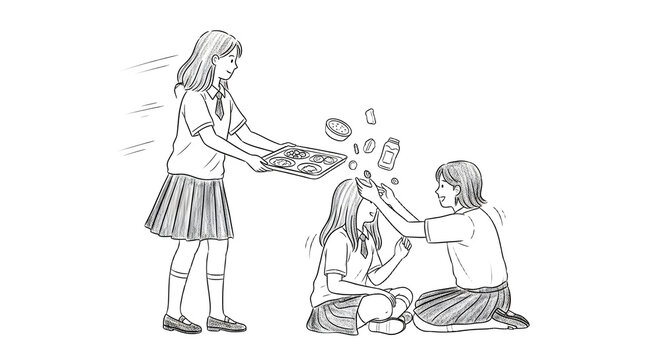 Two schoolgirls playing a pretend hair salon game.