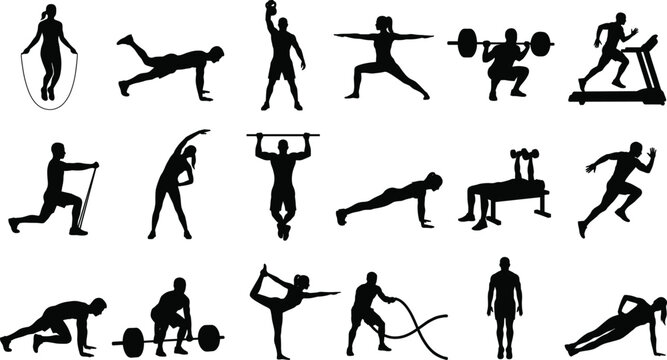 Fitness and Workout Silhouette Collection Featuring Strength Training Cardio Yoga Running and Gym Exercise Vector Icons
