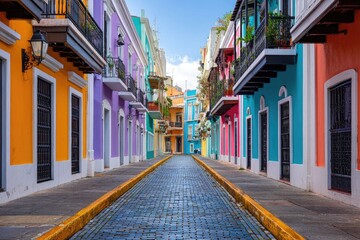 Fototapeta premium Vibrant street lined with colorful buildings. Cobblestone road leads to horizon under blue sky