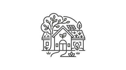 Naklejka premium Eco friendly house icon with solar panels and garden.