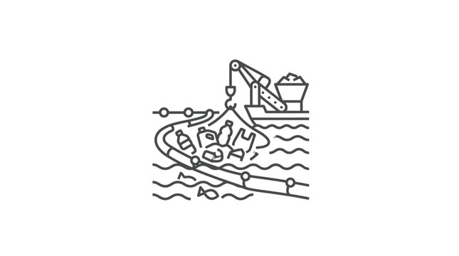 Boat collecting floating plastic waste from ocean water.