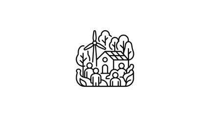 Sustainable community with solar panels and wind turbine icon. © Ucul