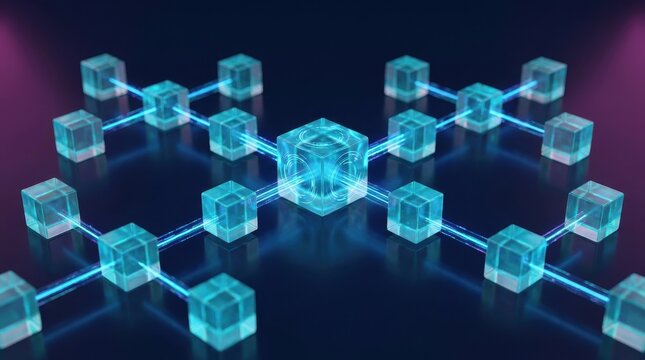 Futuristic decentralized server network showing glowing central glass hub connected to satellite nodes via luminous blue energy beams representing cloud computing and high speed data transmission.