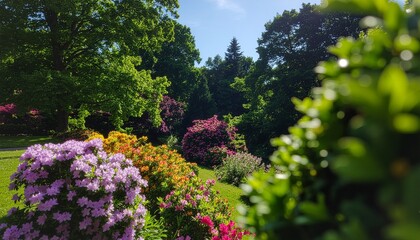 Obraz premium Vibrant flowers bloom in a serene garden surrounded by lush greenery and trees under a clear blue sky with sunny weather.