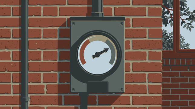 Modern Smart Meter on Brick Wall with Dial Pointing to Green for Energy Efficiency Monitoring