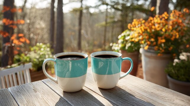 Two mugs of coffee sit on a rustic wooden table with a scenic forest backdrop