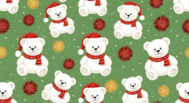 Christmas polar bear pattern with santa hats and red scarves